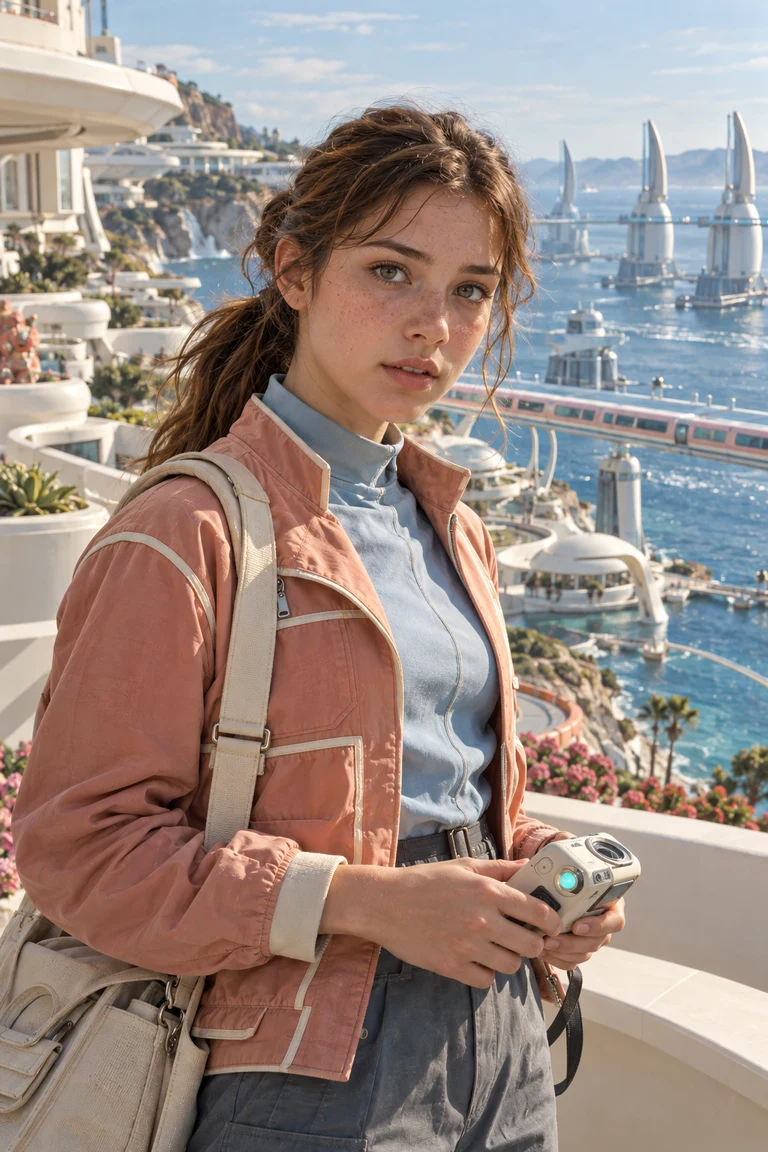 Emma Grace Walker, a teenage girl with a cream receiver and salmon jacket in a coastal retrofuture city
