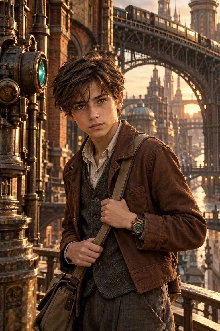 Ethan James Walker, a teenage boy in a brown work jacket beside a machine-age tramway