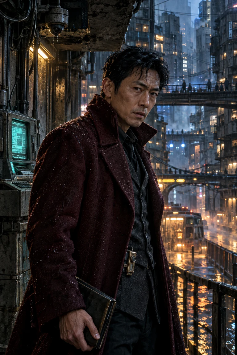 Shadow Seeker in an oxblood detective coat in a rain-soaked city
