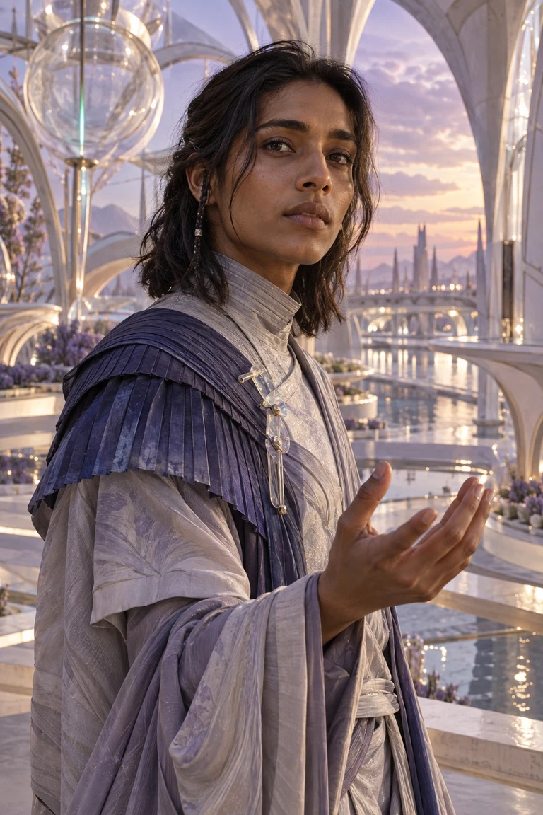 Silent Seeker in pearl and indigo layers, expressing a gesture in a glass city