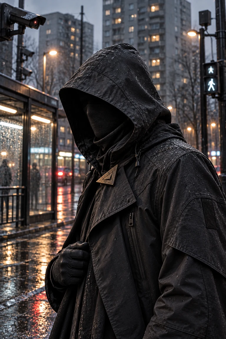 Unknown Seeker with his face concealed beneath a modern charcoal hooded cloak and a bronze triangle pin