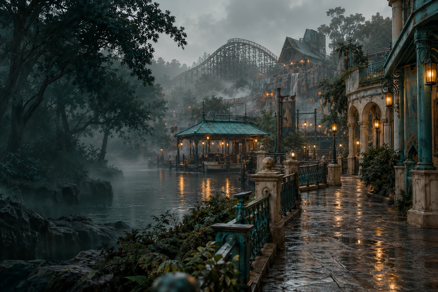 An atmospheric amusement park beside a misty canal, with teal railings and amber lanterns