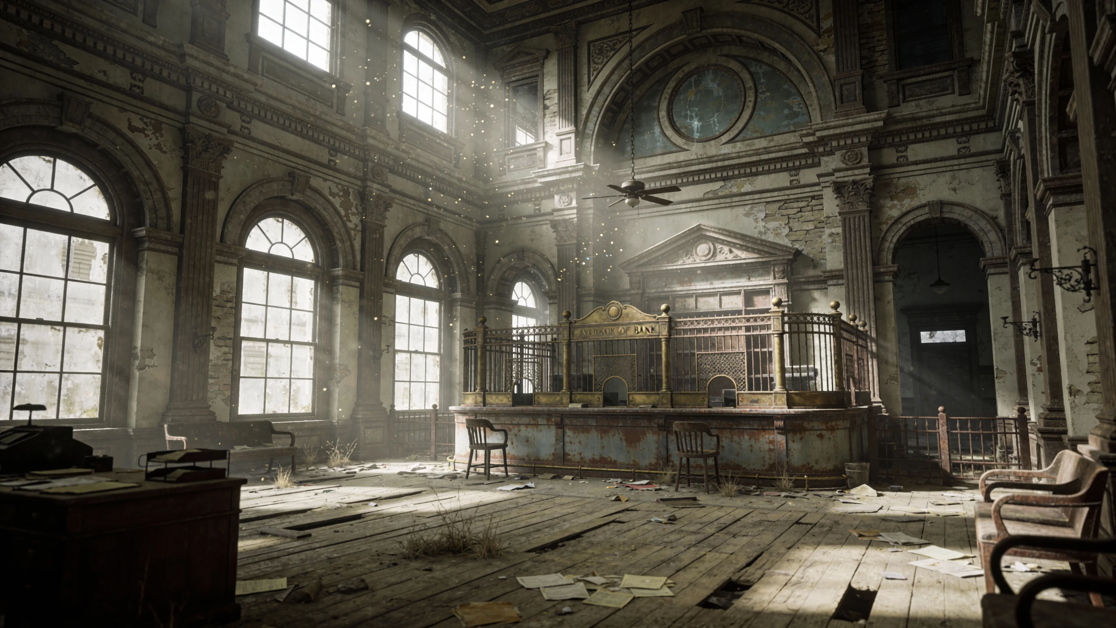 Sunlight entering the abandoned Bank lobby